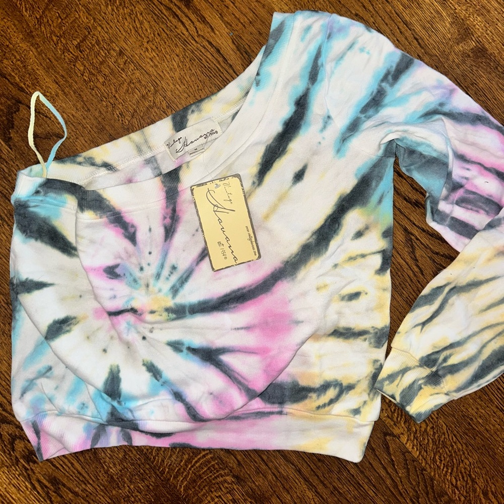 Vintage Havana Tie Dye Crop One Shoulder Soft Sweatshirt - Medium NEW W/TAGS